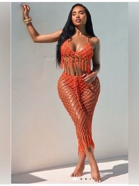 Orange Crochet Fringe Two-Piece Beach Set